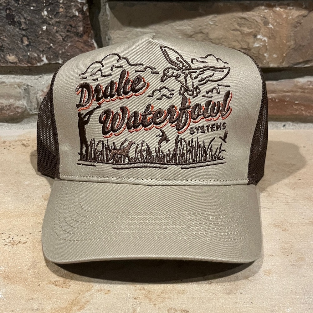 Drake Waterfowl Systems Retro Billboard Mesh Back Khaki Brown Embroidered Cap